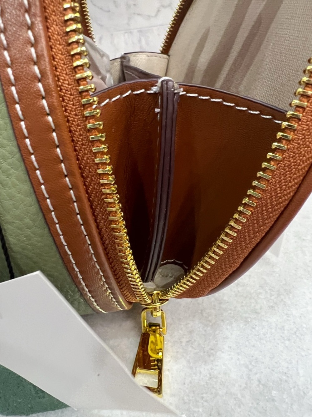 Genuine Pebbled Leather Olive and Tan Round Zippered Crossbody Bag - Picture 9 of 12